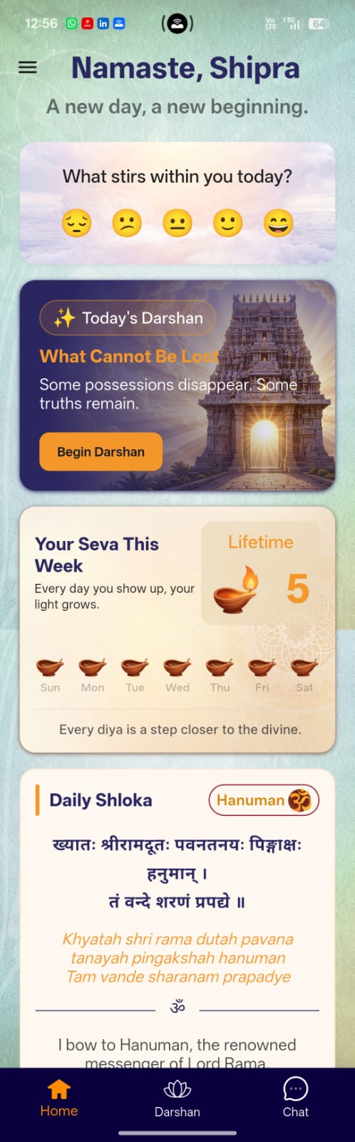 MyShankara app home screen showing Today's Darshan, Seva tracker and Daily Shloka